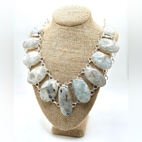 Oval Shape Rainbow Moonstone Necklace - Picture 3 of 12